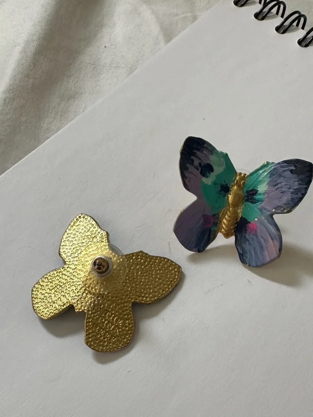 Hand Crafted Purple, Teal & Gold Butterfly Stud Earrings - Picture 3 of 4